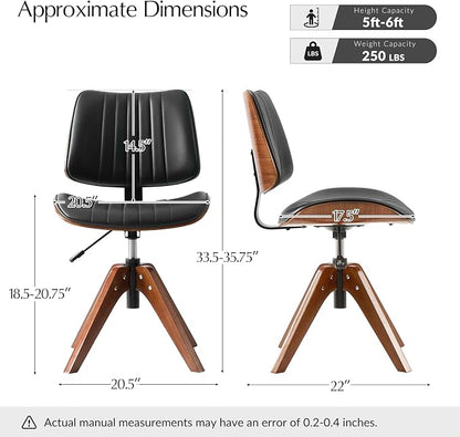 HULALA HOME Faux Leather Home Office Chair with Solid Wood Legs, 360° Swivel Desk Chair No Wheels with Bentwood Design, Mid-Century Modern Wide Seat Computer Task Chair, Black