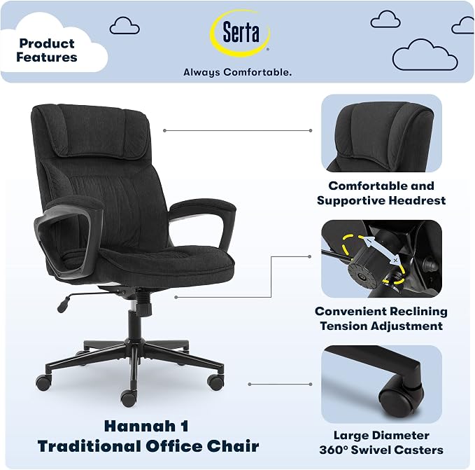 Serta® Hannah Executive Home Office Desk Chair, Ergonomic Mid-Back with Lumbar Support, Firm Seat Cushion, Layered Body Pillows, Padded Armrests, Swivel Base, Easy Assembly, Microfiber, Charcoal Gray