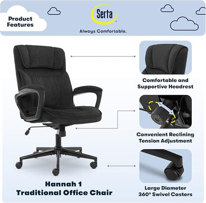 Serta® Hannah Executive Home Office Desk Chair, Ergonomic Mid-Back with Lumbar Support, Firm Seat Cushion, Layered Body Pillows, Padded Armrests, Swivel Base, Easy Assembly, Microfiber, Charcoal Gray