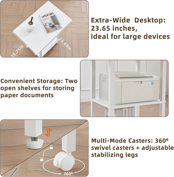YUFAM White 3 Tier Home Printer Stand with Storage, Wooden Mobile Printer Table Shelf, Rolling Printer Cart Shelf with Lockable Wheels fit Fax Machine, Scanner