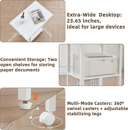 YUFAM White 3 Tier Home Printer Stand with Storage, Wooden Mobile Printer Table Shelf, Rolling Printer Cart Shelf with Lockable Wheels fit Fax Machine, Scanner
