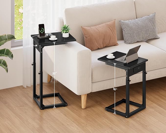 Vagusicc C Shaped End Table with Charging Station, 33"Tall C-Table End Table Adjustable Height Side Table for Couch, Couch Table That Slide Under Sofa Table TV Tray Table for Living Room,Bedroom,Black