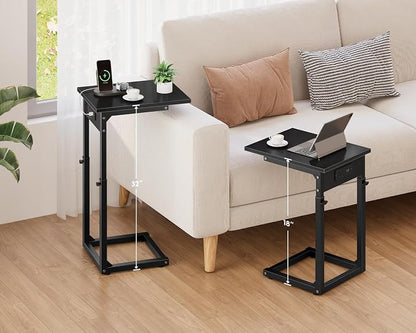 Vagusicc C Shaped End Table with Charging Station, 33"Tall C-Table End Table Adjustable Height Side Table for Couch, Couch Table That Slide Under Sofa Table TV Tray Table for Living Room,Bedroom,Black
