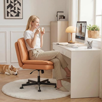 DurayLoly Criss Cross Chair with Wheels, Cross Legged Office Chair with 2 Layer Comfty Leather & Back, Armless Wide Vanity Chair for Home Office, Orange