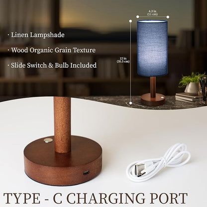 LALISU Small Table Lamp Nightstand Lamp Linen Lampshade Bedroom Wood Base Small Bedside Lamp for Night Stands, Desk Lamps for Reading Living Room, Office (LED Bulb Included) (Blue)