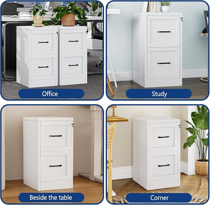 Ckzbx 2 Drawer File Cabinet with Lock, Narrow Vertical Filing Cabinet, Under Desk File Cabinets,White Metal File Cabinets for Home Office,Fit Letter/A4/Legal Size File