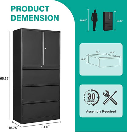 SISESOL 3 Drawer Lateral File Cabinet with Lock and Shelf,Black Metal Filling Cabinet with Drawers and Shelf, Locking File Storage Cabinets with Doors and Shelves for Home,Office,Garage,School