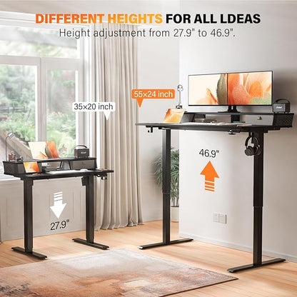 Electric Standing Desk with Two Drawers,55 x 24 Inch Sit Stand Desk Adjustable Height, Stand Up Desk with Storage Shelf, Computer Workstation for Home Office, Black
