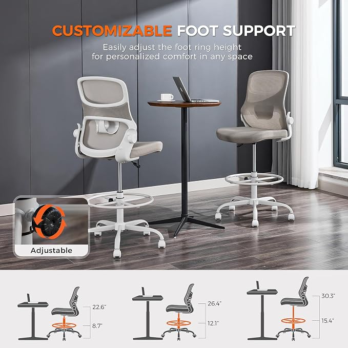 Drafting Chair Armless, Tall Office Chair with Adjustable Foot Ring and Lumbar Support, Ergonomic Mesh High Desk Chair for Standing Desk, Apricot
