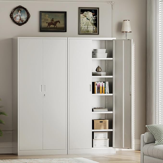 Metal Garage Storage Cabinets,71” Tall Metal File Cabinet with 5 Adjustable Shelves, Lockable Storage Cabinets for Office, Home, Garage, Warehouse 71" H x 32" W x 16" D (White)