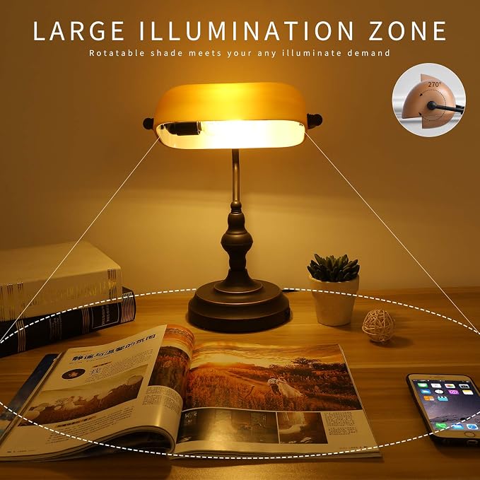 Banker Desk Lamp Touch Control, Vintage Banker's Desk Lamp with USB-A Port, 3 Way Dimmable Desk Lamps, Farmhouse Library Lamp Oil Rubbed Bronze for Office, Study Room