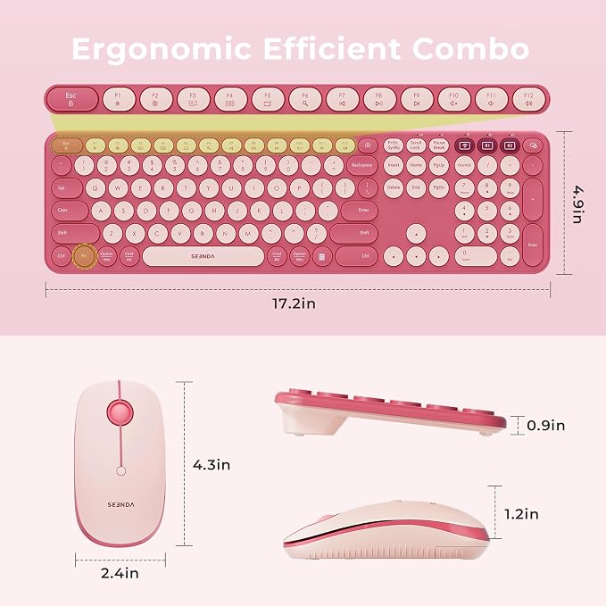 seenda Wireless Bluetooth Keyboard Mouse Combo, COE202 Retro Cute Round Keyboard, Silent Mouse, 3 Multi-Device Connection, Full Size Compatible for PC/Laptop/Mac/MacBook/iPad/Tablet, Pink