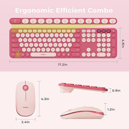 seenda Wireless Bluetooth Keyboard Mouse Combo, COE202 Retro Cute Round Keyboard, Silent Mouse, 3 Multi-Device Connection, Full Size Compatible for PC/Laptop/Mac/MacBook/iPad/Tablet, Pink