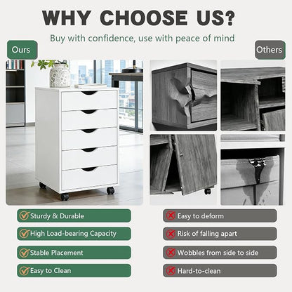 SweetGO 5 Drawer File Cabinet, Under Desk Storage with Drawers, Wood File cabinets for Home Office, Dorms (White)