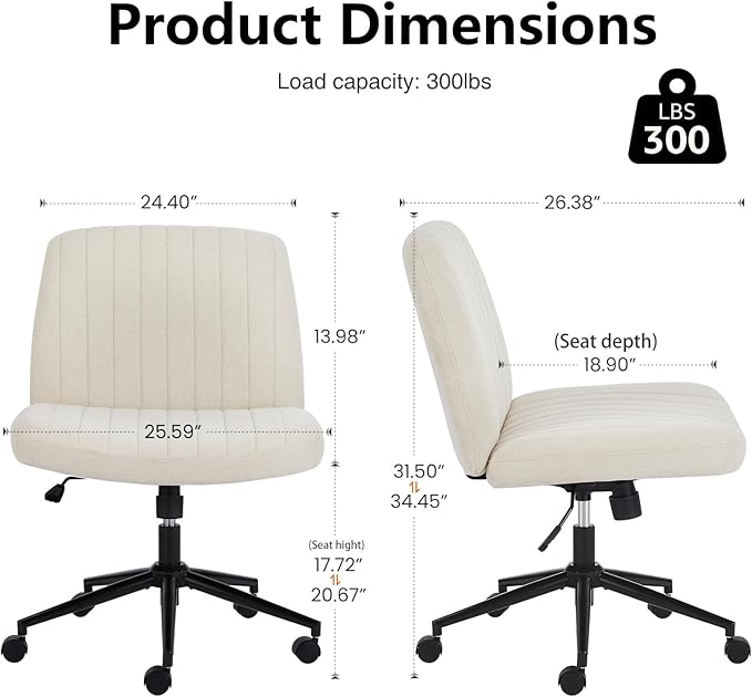 DUMOS Criss Cross Chair with Wheels, Wide Cross Legged Office Desk Vanity Chairs, Armless Height Adjustable Swivel Chairs for Home Computer Task, Fabric, Beige Wheel
