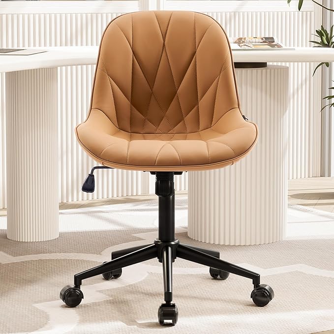Rowill Modern Office Chair - Ergonomic Swivel Leather Desk Chair with Curved Backrest, Height Adjustable Rolling with Wheels, Perfect for Study Room & Office, Brown Yellow