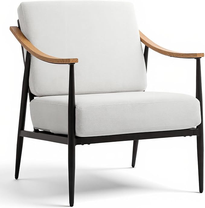 RNKSFX Modern Accent Chair for Living Room Bedroom Mid Century Arm Chair Upholstered Office Accent Chair Comfy Waiting Room Chair with Metal Frame, Cream White