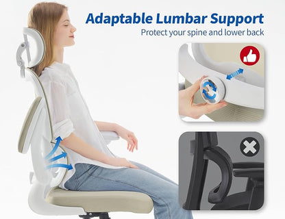 TRALT Ergonomic Office Chair - Desk Chair with Adjustable Headrest Lumbar Support Computer Chair - Mesh Comfy Chair with Flip-up Armrests - Gaming Chairs for Adults Home Office (Leather, Beige)