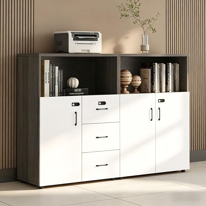 File Cabinet with Password Lock, Wood Lateral Filing Cabinet for Letter/A4 Files, 3 Drawer with Door, Printer Stand with Open Shelves for Home Office