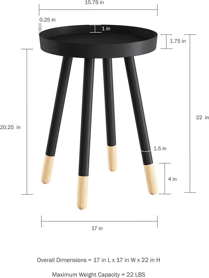 Lavish Home Round End Table – 2-Tone Wooden Mid-Century Modern Stand with Tray Top to Hold Drinks or Display Décor – Accent Table or Nightstand (Black)