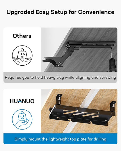 HUANUO Keyboard Tray Under Desk, Adjustable Ergonomic Keyboard & Mouse Tray, Flat Bottom Or Cross Beam Installation, Smooth Sliding Keyboard Holder for Typing in Home Office, Easy Setup, 25″W x 9.84″D