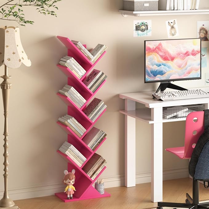 SHEEPAM 10 Tier Tree Book Shelf, Floor Standing Wood Bookshelf for Narrow Space, Storage Organizer Bookshelves for Books/CDs/Magazine, Bookcase with Shelves for Home Office, Living Room - Pink