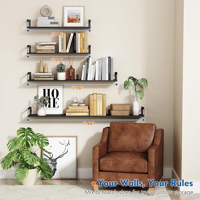 Harwaya Black Wall Shelves for Bedroom 24 Inch Long, 8 In Deep Floating Shelves for Wall, Large Wood Wall Mounted Bookshelf Hanging Shelf for Living Room Office Books Kitchen Closet Storage (Set of 3)