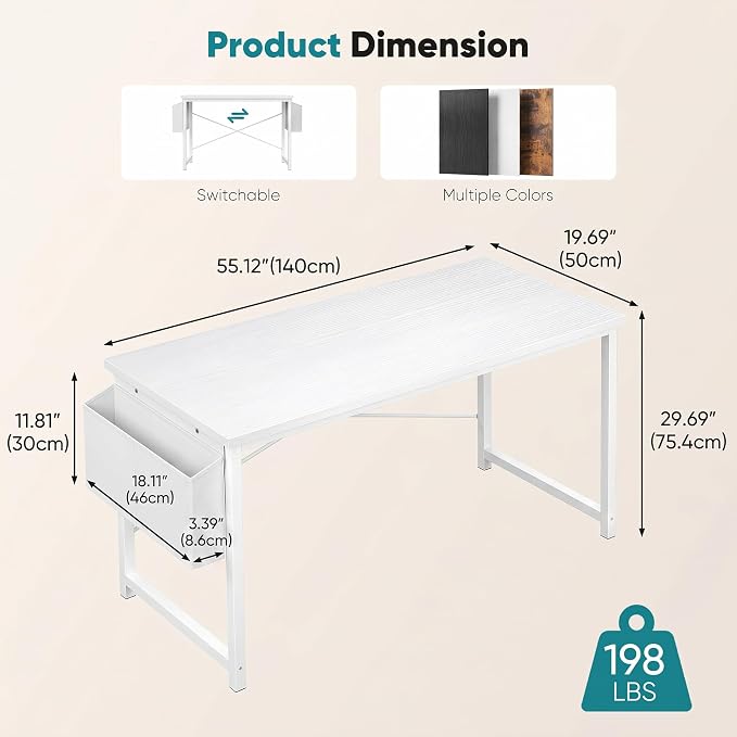 OLIXIS 55 Inch Computer Desk for Home Office, Writing Study Craft Gaming Table, Modern Computer Workstation with Storage Bag and Headphone Hook for Bedroom Small Spaces, White