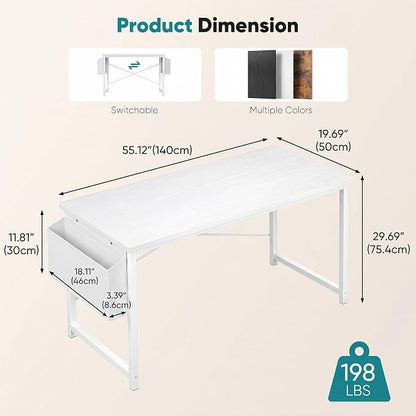 OLIXIS 55 Inch Computer Desk for Home Office, Writing Study Craft Gaming Table, Modern Computer Workstation with Storage Bag and Headphone Hook for Bedroom Small Spaces, White