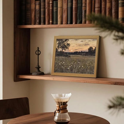 CXQILVER Vintage Framed Meadow Sunset Wall Art, Rustic Twilight Field Landscape Canvas Wall Decor Wildflowers Firefly Poster Print Farmhouse Nature Painting Artwork for Living Room Bedroom 8x10 Inch