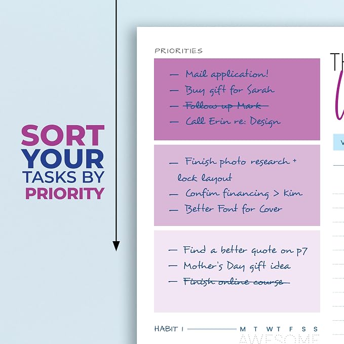 Weekly Planner Spiral Bound Notebook A5 - Undated Planner - To Do List Notebook - Habit Tracker - 52 Weeks - Daily Planner Undated for Home Work Office Business - Cute Goal Planner (Purple)