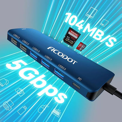 USB C Hub, 9-in-1 Multi-Port USB Adapter, 4K@60Hz HDMI, 100W Max PD, 3 USB3.0(5Gbps) + 2 USB2.0 Data Ports, SD/TF Card Reader for MacBook, iPad Pro, Dell, HP, Lenovo, Windows Laptop, Blue