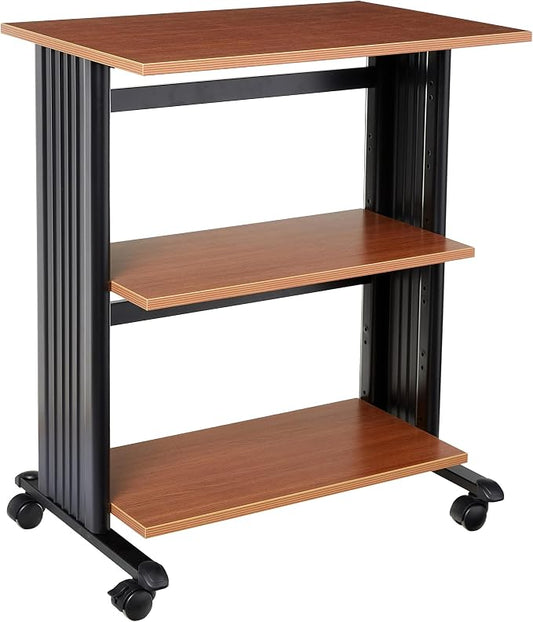 Scranton & Co Metal & Wood Mobile Printer Stand, Medium Oak & Black Finish, 35" H x 29.5" W x 20" D, Adjustable Shelves, Steel Frame, 3-Shelf Cart with Locking Casters, Office Machine Storage
