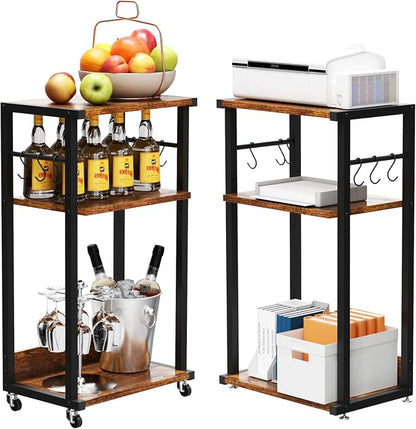 YMYNY Mobile Printer Stand, 3-Tier Printer Cart with Adjustable Storage Shelf and 6 S-Hooks, Tall Printer Table for Home Office, for Computer Tower Stand, Shredder, CPU Stand, Rustic Brown, UHPT002H
