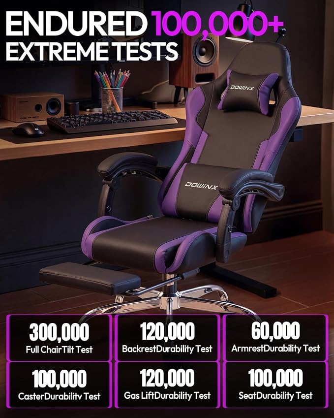 Dowinx Ergonomic Gaming Chair with Footrest & Massage Lumbar, 2D-Linkage Armrests for Computer Chair 330lbs with Headrest Pillow for Office, Home, Streaming and Long Gaming Sessions, Fabric Purple