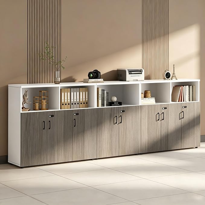 File Cabinet with Password Lock, Wood Lateral Filing Cabinet for Letter/A4 Files, 3 Drawer with Door, Printer Stand with Open Shelves for Home Office