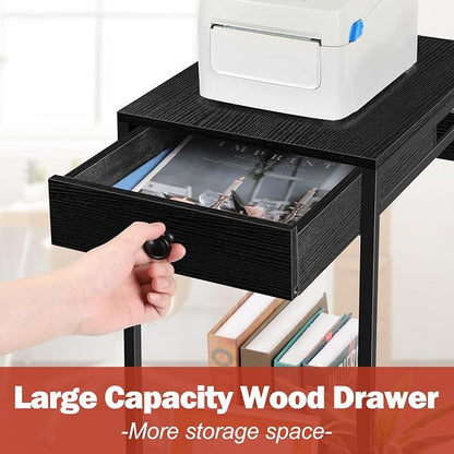 Vrisa Printer Stand with Storage Drawer Small Printer Table Cart with Wheels and Charging Station Home Mobile Computer PC Tower Label Printer Shelf Shredder Stands for Home Office, Black