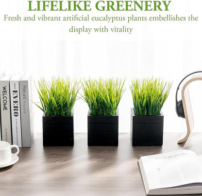 MyGift Artificial Green Grass Plants in Vintage Black Wood 4 Inch Planter Boxes, Faux Greenery in Decorative Square Crate Style Wooden Containers, Set of 3