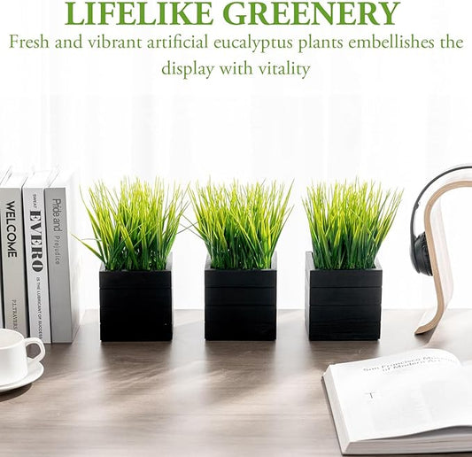 MyGift Artificial Green Grass Plants in Vintage Black Wood 4 Inch Planter Boxes, Faux Greenery in Decorative Square Crate Style Wooden Containers, Set of 3