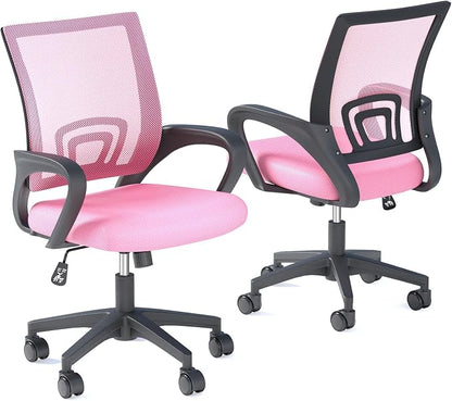 OS MOTOR Home Office Chairs, Ergonomic Mid-Back Mesh Desk Chairs with Lumbar Support, Adjustable Swivel Rolling Design, Comfy Armrest for Work, Study, Gaming, Vanity, Pink, 2 Pack
