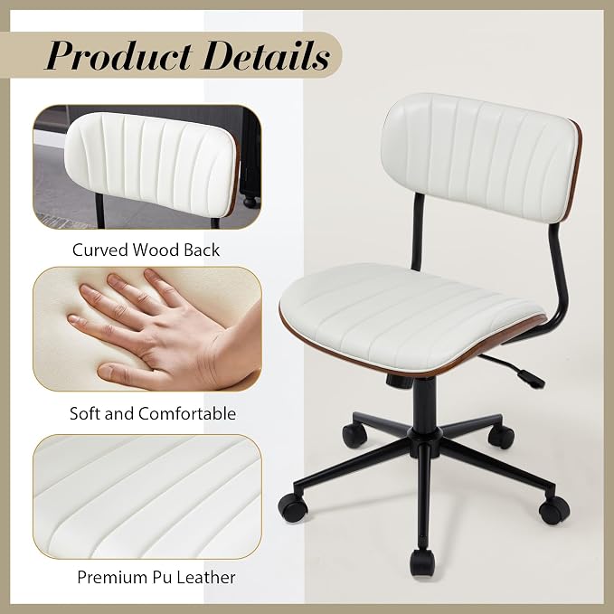Modern Walnut Home Office Chair，Adjustable Height Desk Chair with Wheels，Armless Computer Chair for Office, Reading Meeting Room, White