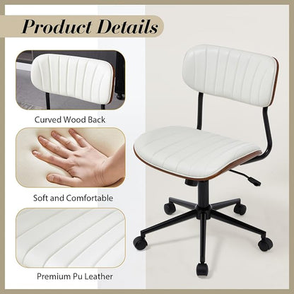 Modern Walnut Home Office Chair，Adjustable Height Desk Chair with Wheels，Armless Computer Chair for Office, Reading Meeting Room, White