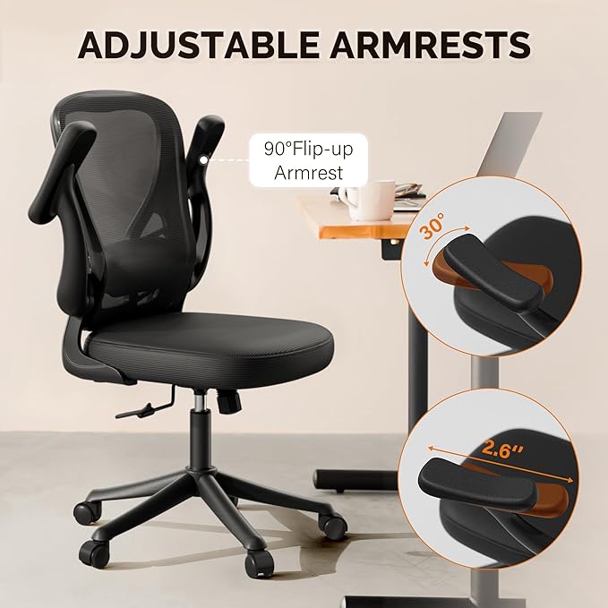 Ollega Computer Desk Chair with Wheels, Mesh Office Chair with Flip Up Arms, Adjustable Lumbar Support, Swivel Desk Chair Comfy, Black