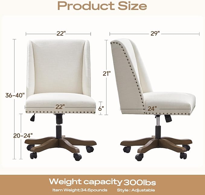 Zihanhome Armless Upholstered Office Chair with Wooden Legs, Modern Criss Cross Adjustable Home Office Desk Chair No Arms Sewing Chair Swivel Chair for Women Farmhouse Study Studio (Beige)