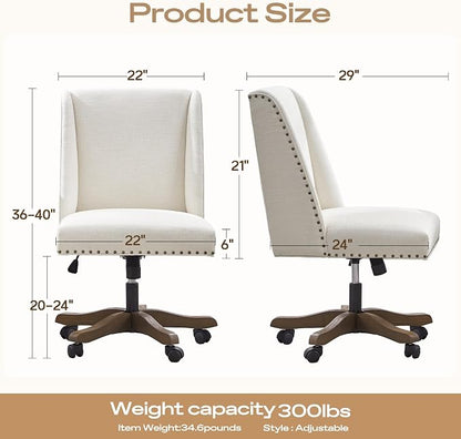 Zihanhome Armless Upholstered Office Chair with Wooden Legs, Modern Criss Cross Adjustable Home Office Desk Chair No Arms Sewing Chair Swivel Chair for Women Farmhouse Study Studio (Beige)