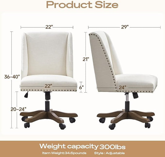 Zihanhome Armless Upholstered Office Chair with Wooden Legs, Modern Criss Cross Adjustable Home Office Desk Chair No Arms Sewing Chair Swivel Chair for Women Farmhouse Study Studio (Beige)