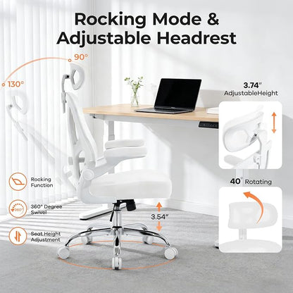 Office Chair Ergonomic Office Chair with Lumbar Support, Head Support, Rocking Function, Flip-up Armrests, Home Office Desk Chair, Suitable for Home, Office, White, 1 Pack
