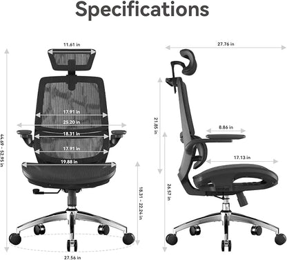 SIHOO M59AS Ergonomic Office Chair, Desk Chair with 3D Flip-up Armrests, Computer Chair with Dual Back Design and Adaptive Dynamic Lumbar Support, 2 Packs, Black