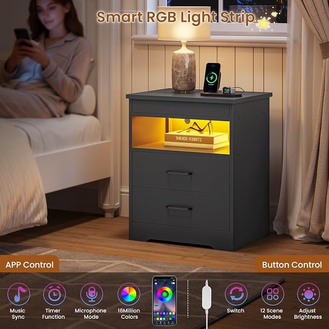 DICTAC Nightstand with Charging Station and LED Lights, Bedside Table with Lockable Sliding Desktop, Modern Night Stand with Storage Drawers and Open Shelf, End Side Table for Bedroom, Home Office