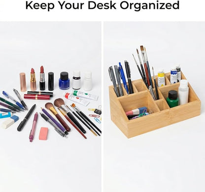 Bamboo Art Supply Organizer, Pen Holder Wooden Desktop Storage for Artists, Office Supplies, Makeup Brushes,Minimalist Desk Accessory for Home Studio, Classroom or Vanity